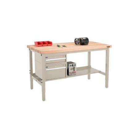 Global Equipment 72"W x 30"D Production Workbench - Maple Square Edge - Drawers   Shelf - Tan 319247TN
